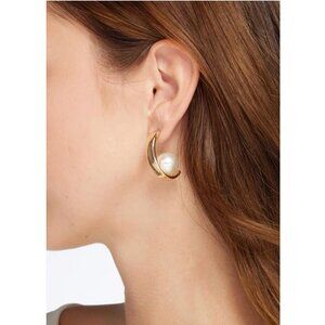 Open Edit Half Hoop Gold Color Earrings W White Faux Pearl